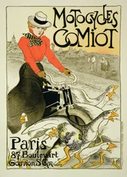 Riproduzione di un poster pubblicitario per motociclette Comiot, 1899